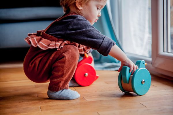 joguines montessori GALLINA AMB RODES BLAU TURQUESA